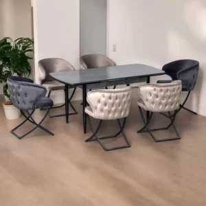 Eva Walnut Dining Set – Extendable Table with 6 Velvet Chairs